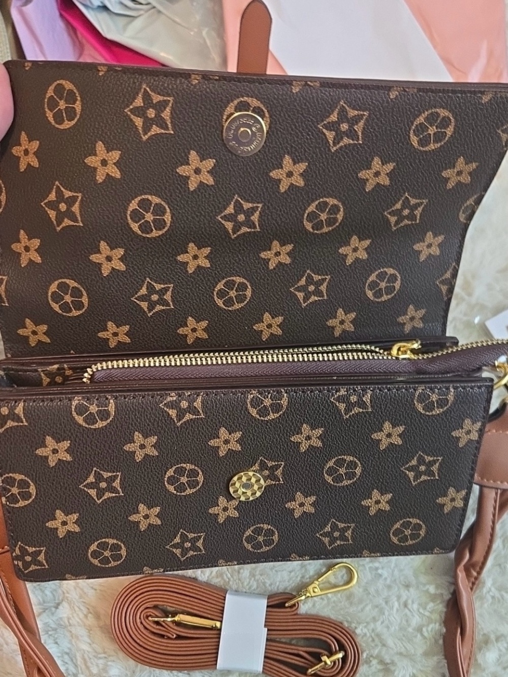 NWT Monogram Flap Crossbody Bag Braided Shoulder Strap Brown Two Tone - Picture 5 of 9